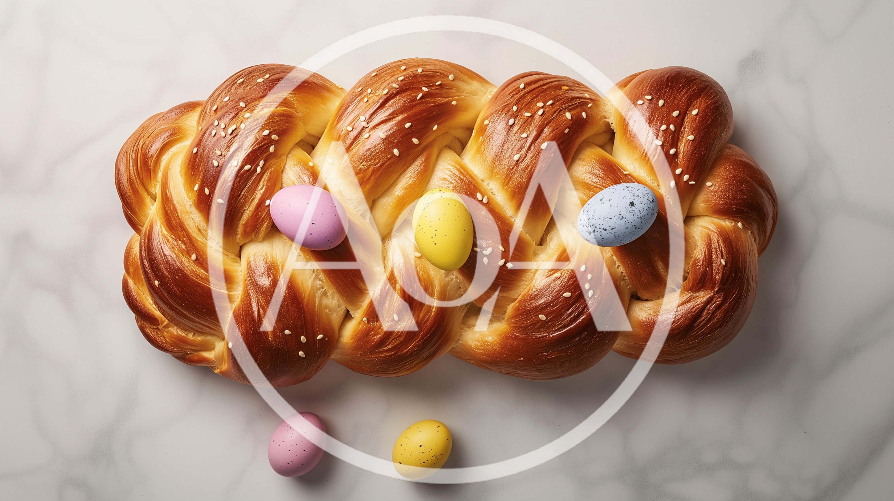 Braided Easter Bread With Speckled Eggs On Marble