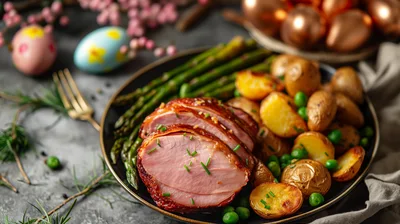 Easter Ham Dinner With Roasted Potatoes And Asparagus