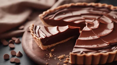 Slice Of Rich Chocolate Tart On Wooden Board