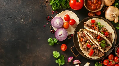 Top View Of Carnitas Tacos With Fresh Ingredients