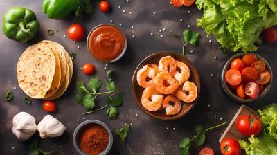 Fresh Shrimp Taco Ingredients On Dark Surface