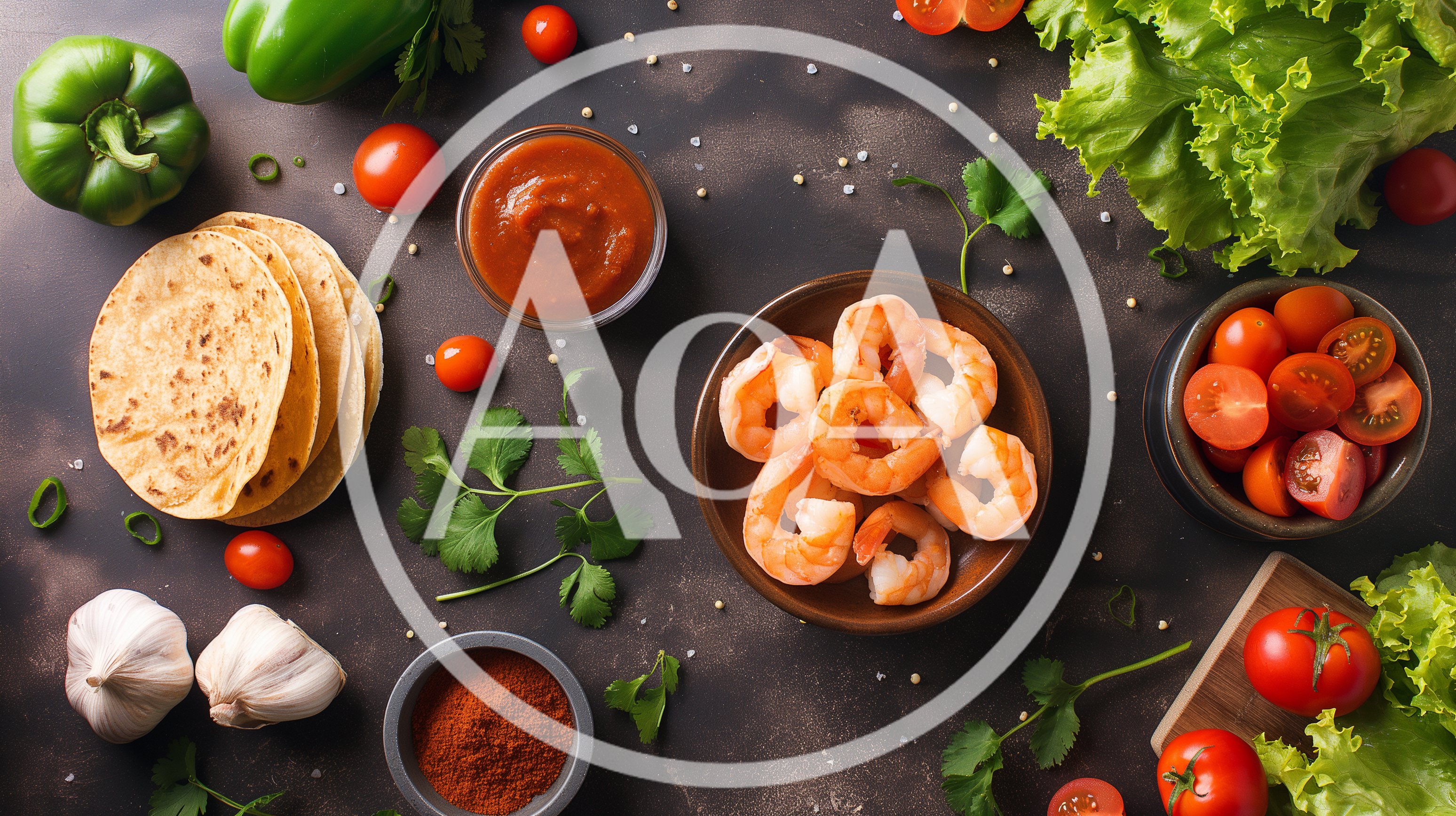 Fresh Shrimp Taco Ingredients On Dark Surface