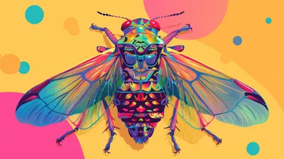 Colorful Psychedelic Cicada Illustration On Yellow Background