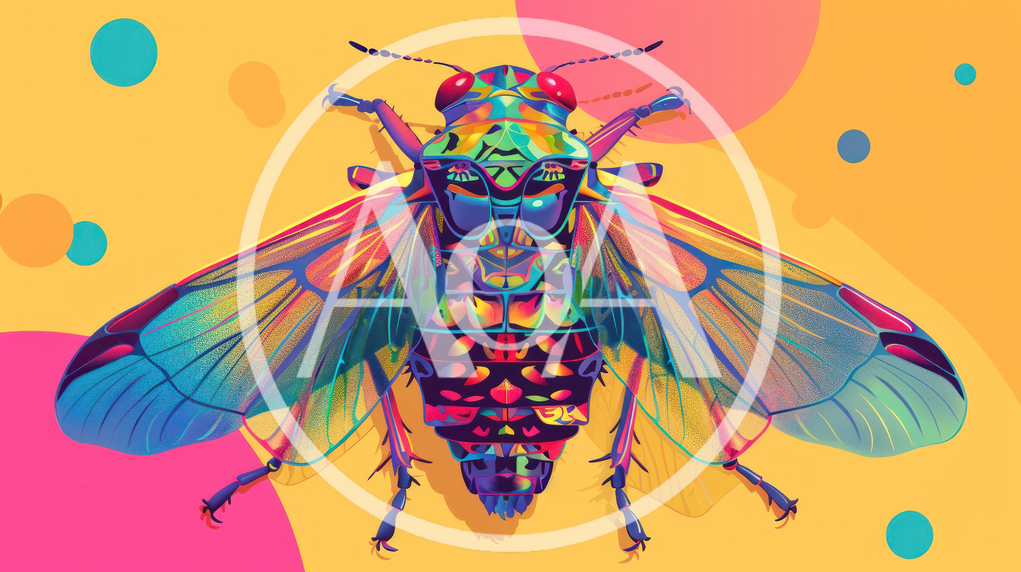Colorful Psychedelic Cicada Illustration On Yellow Background