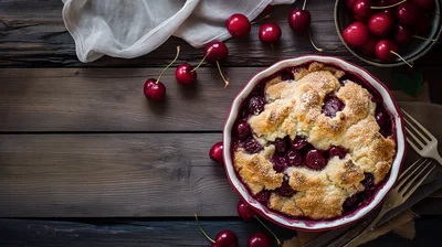 Freshly Baked Cherry Cobbler In A Ceramic Dish