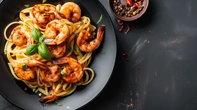 Grilled Shrimp Pasta Dish on Black Plate