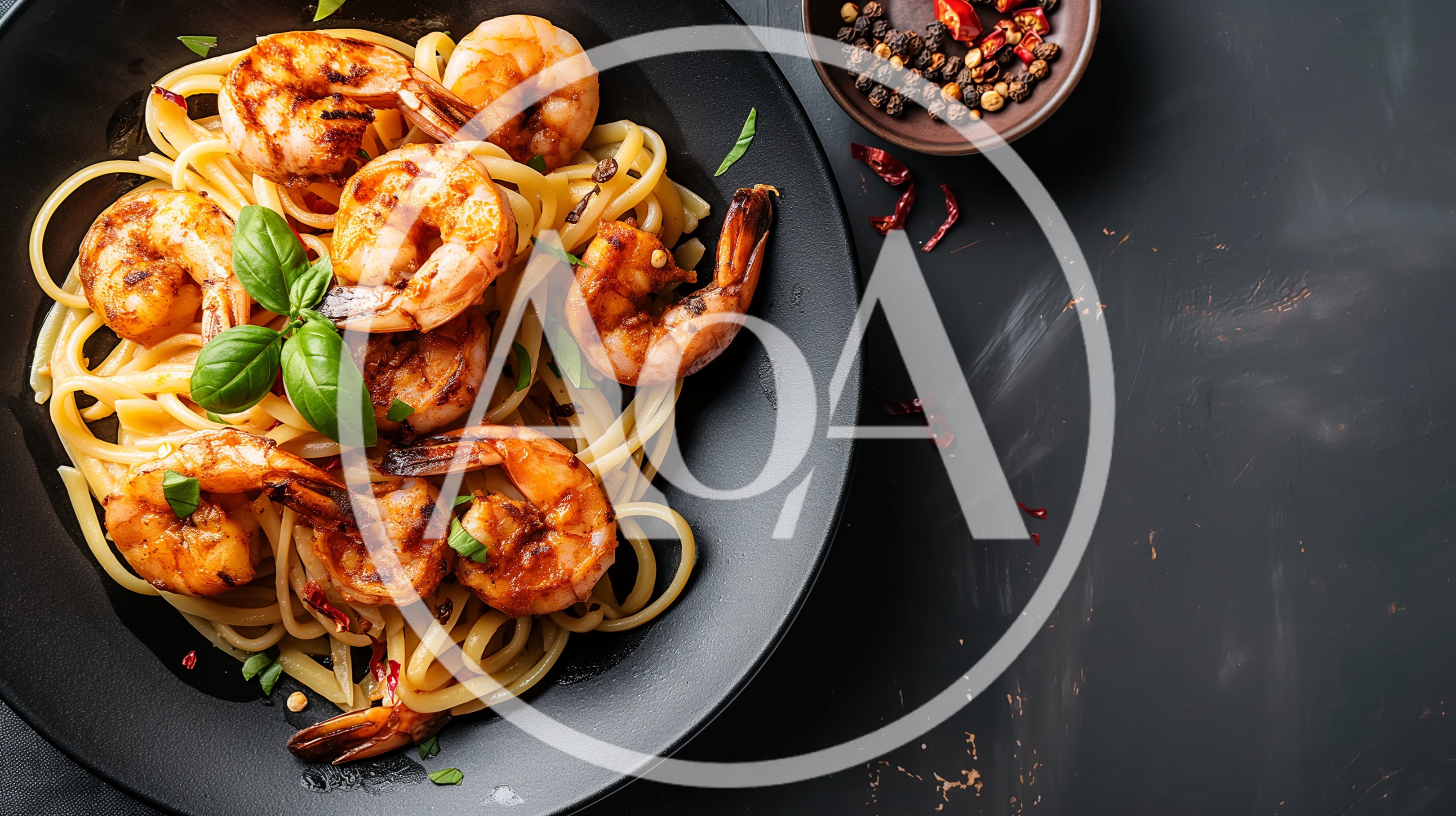 Grilled Shrimp Pasta Dish on Black Plate