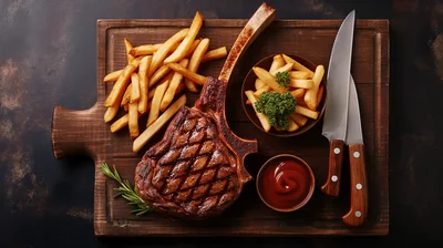 Grilled Tomahawk Steak With French Fries And Sauce