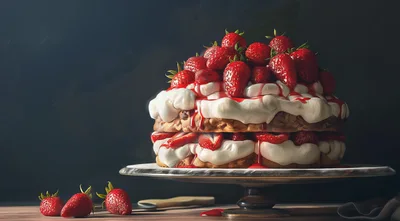 Decadent Strawberry Layer Cake On A Pedestal Stand