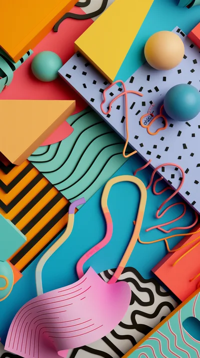 Abstract 3D Geometric Shapes and Memphis Style Patterns