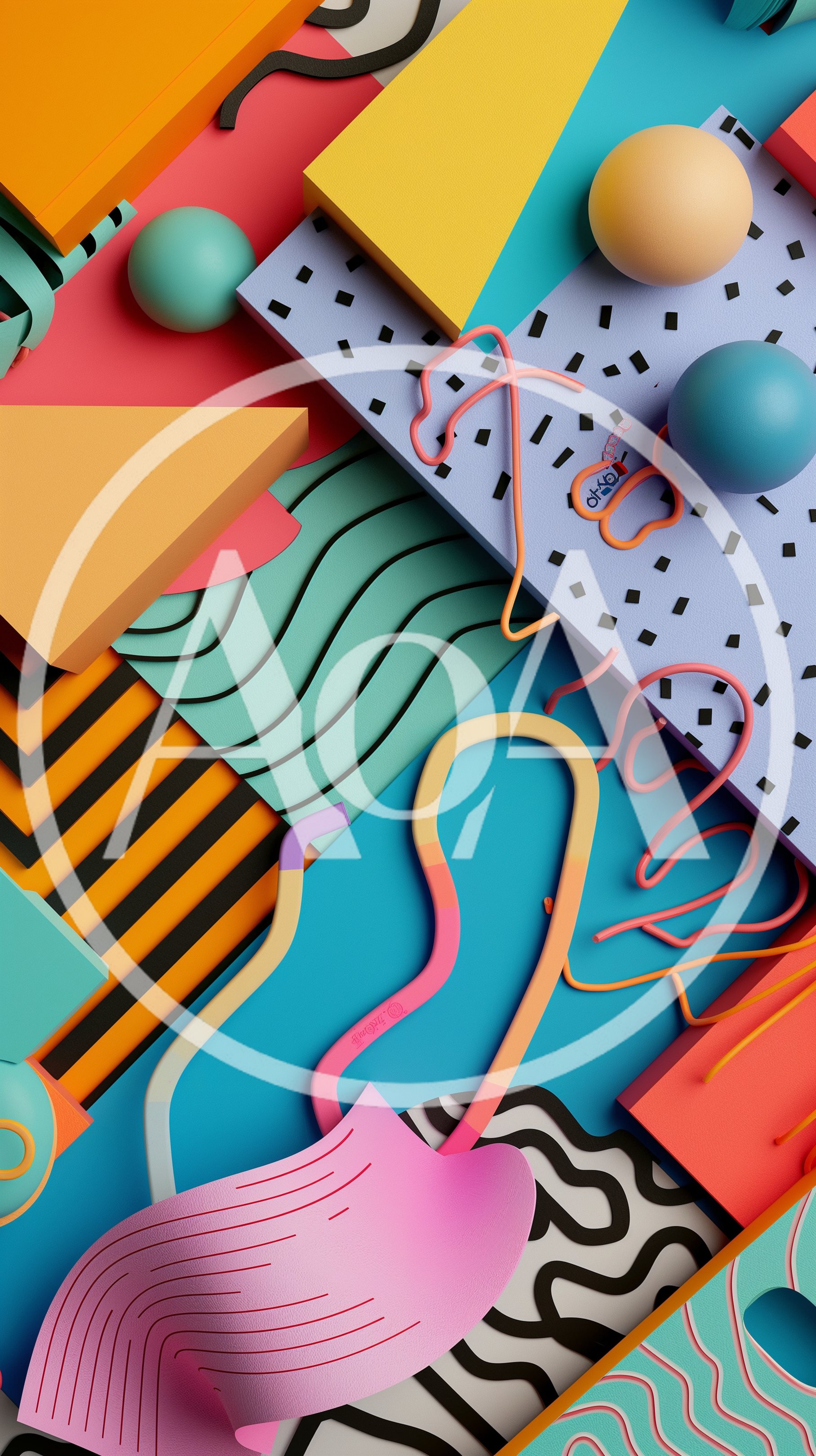 Abstract 3D Geometric Shapes and Memphis Style Patterns