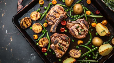 Grilled Pork Chops With Roasted Vegetables On A Baking Sheet