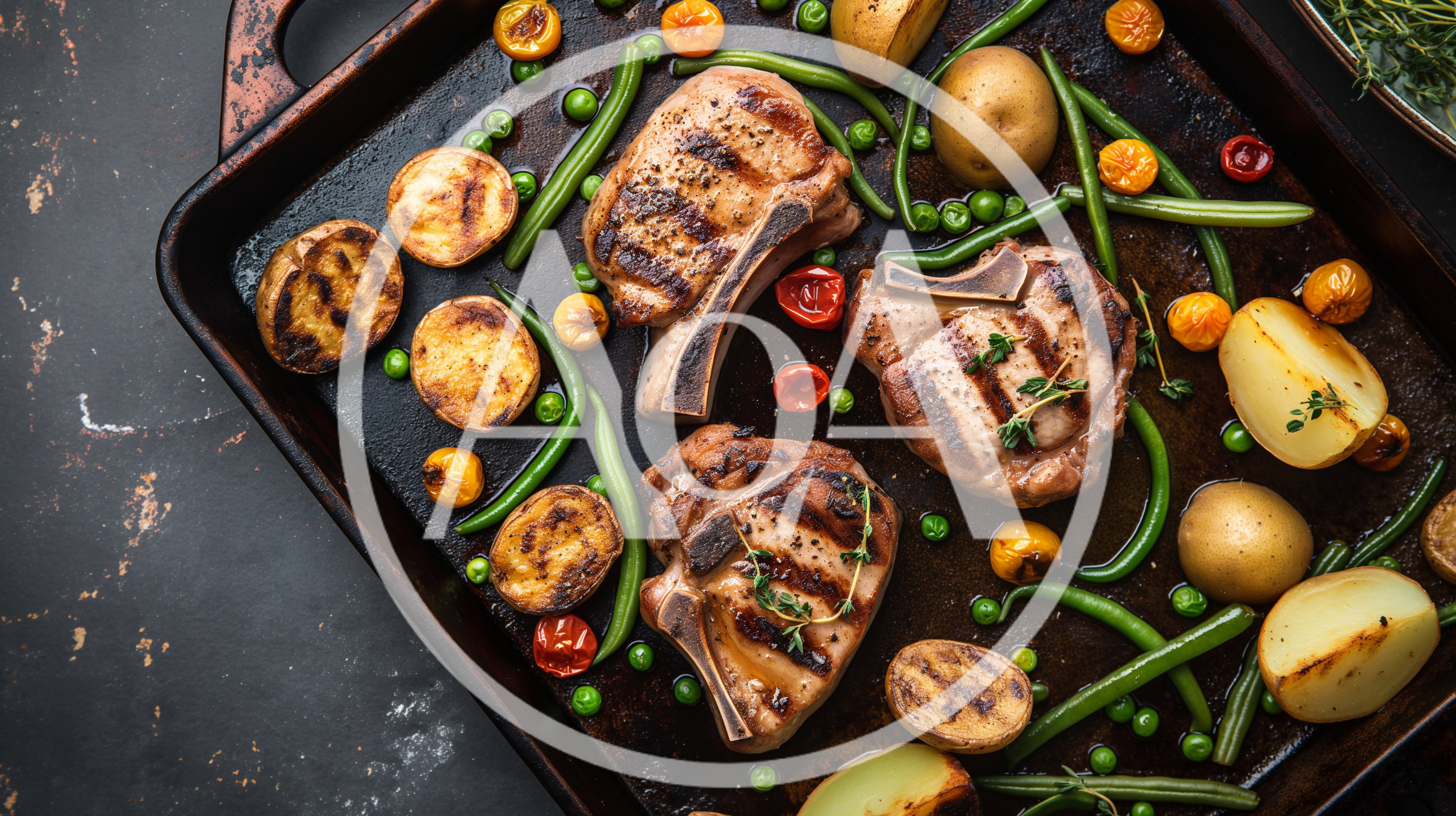 Grilled Pork Chops With Roasted Vegetables On A Baking Sheet