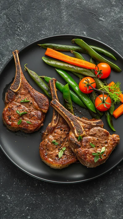 Grilled Lamb Chops with Vegetables on Black Plate
