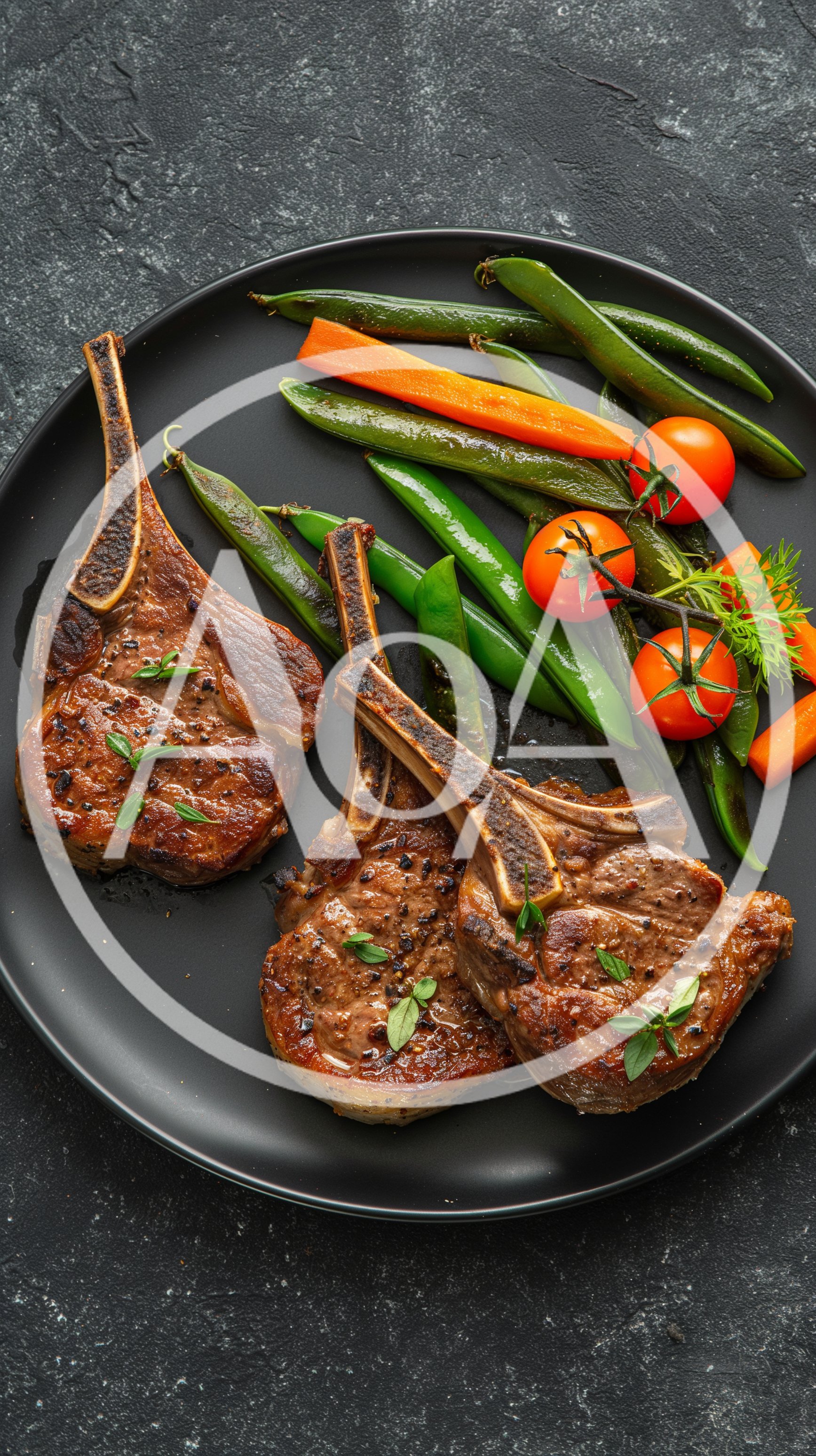 Grilled Lamb Chops with Vegetables on Black Plate