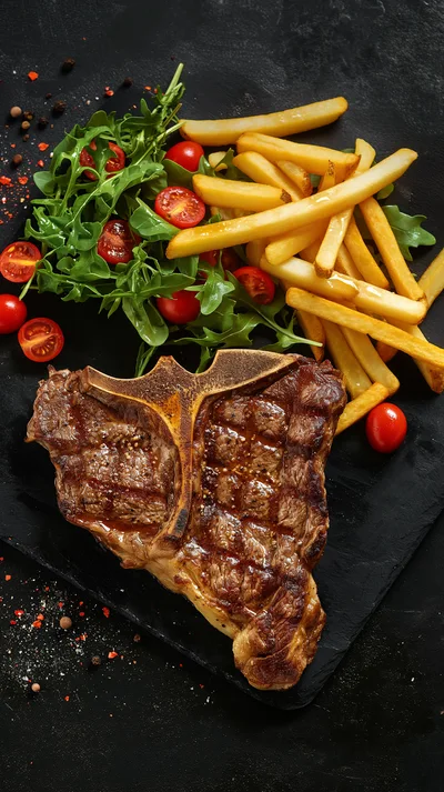 Grilled T-Bone Steak with Fries and Salad