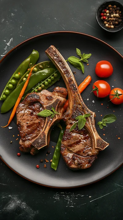Grilled Lamb Chops With Vegetables On Black Plate