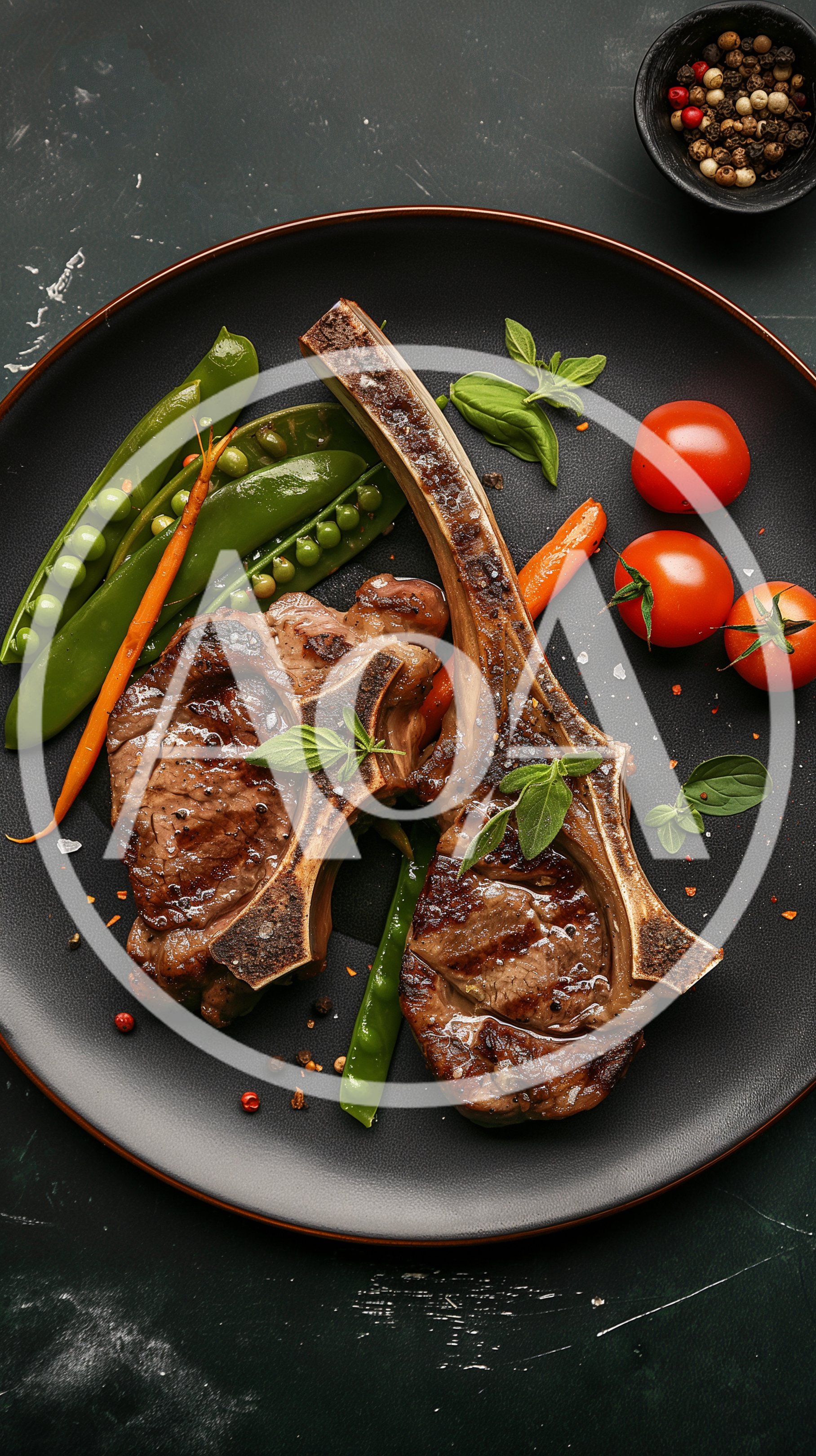 Grilled Lamb Chops With Vegetables On Black Plate