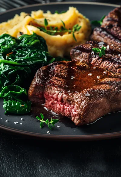 Grilled Beef Steak with Mashed Potatoes and Spinach