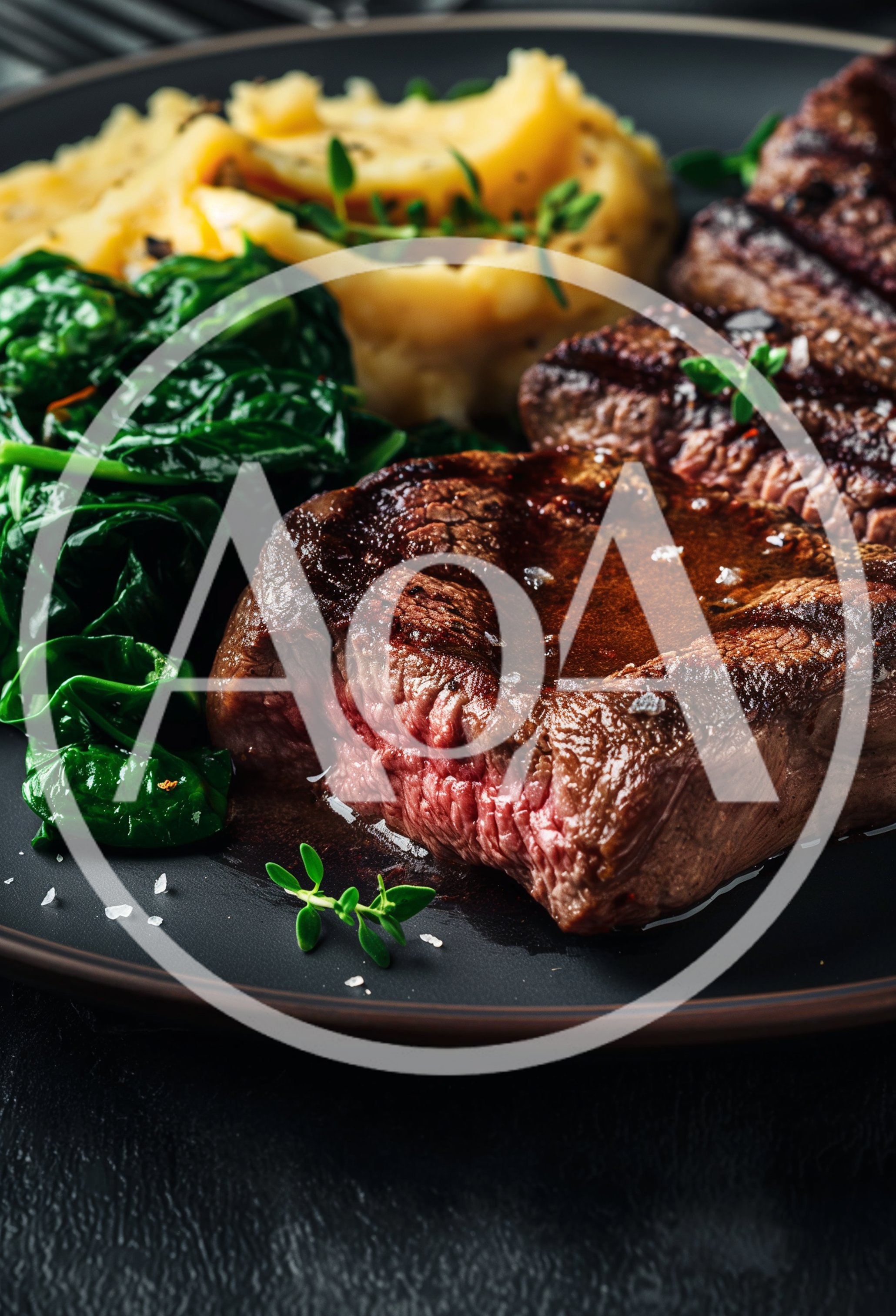 Grilled Beef Steak with Mashed Potatoes and Spinach