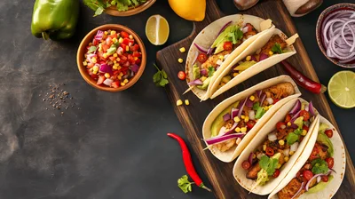 Fresh Fish Tacos Served On A Wooden Board