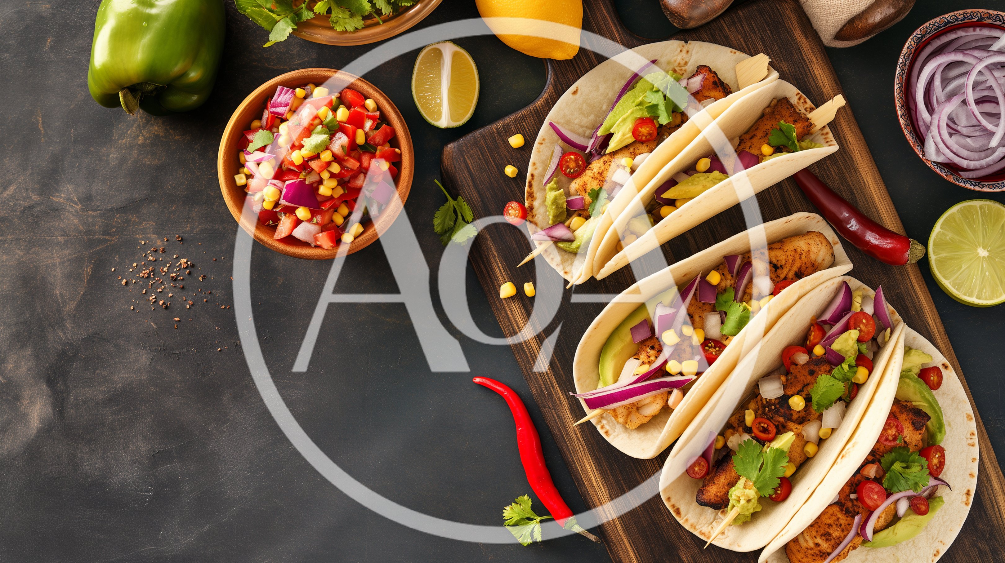 Fresh Fish Tacos Served On A Wooden Board
