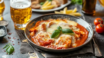 Chicken Parmigiana Served With Beer On A Dark Table