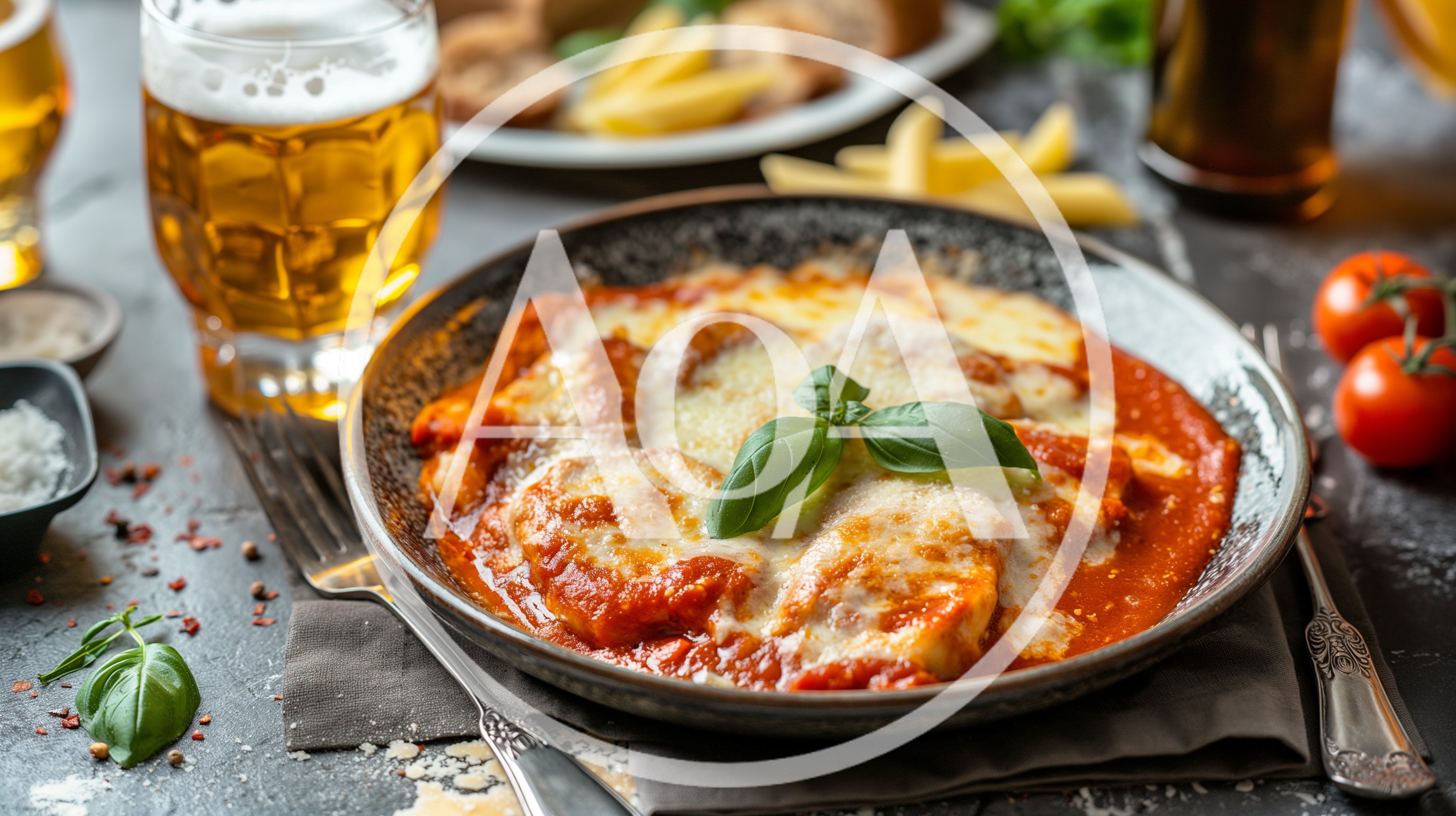 Chicken Parmigiana Served With Beer On A Dark Table