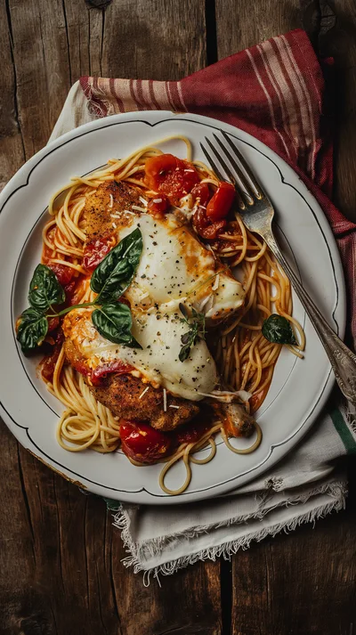 Chicken Parmesan With Spaghetti On A Rustic Plate