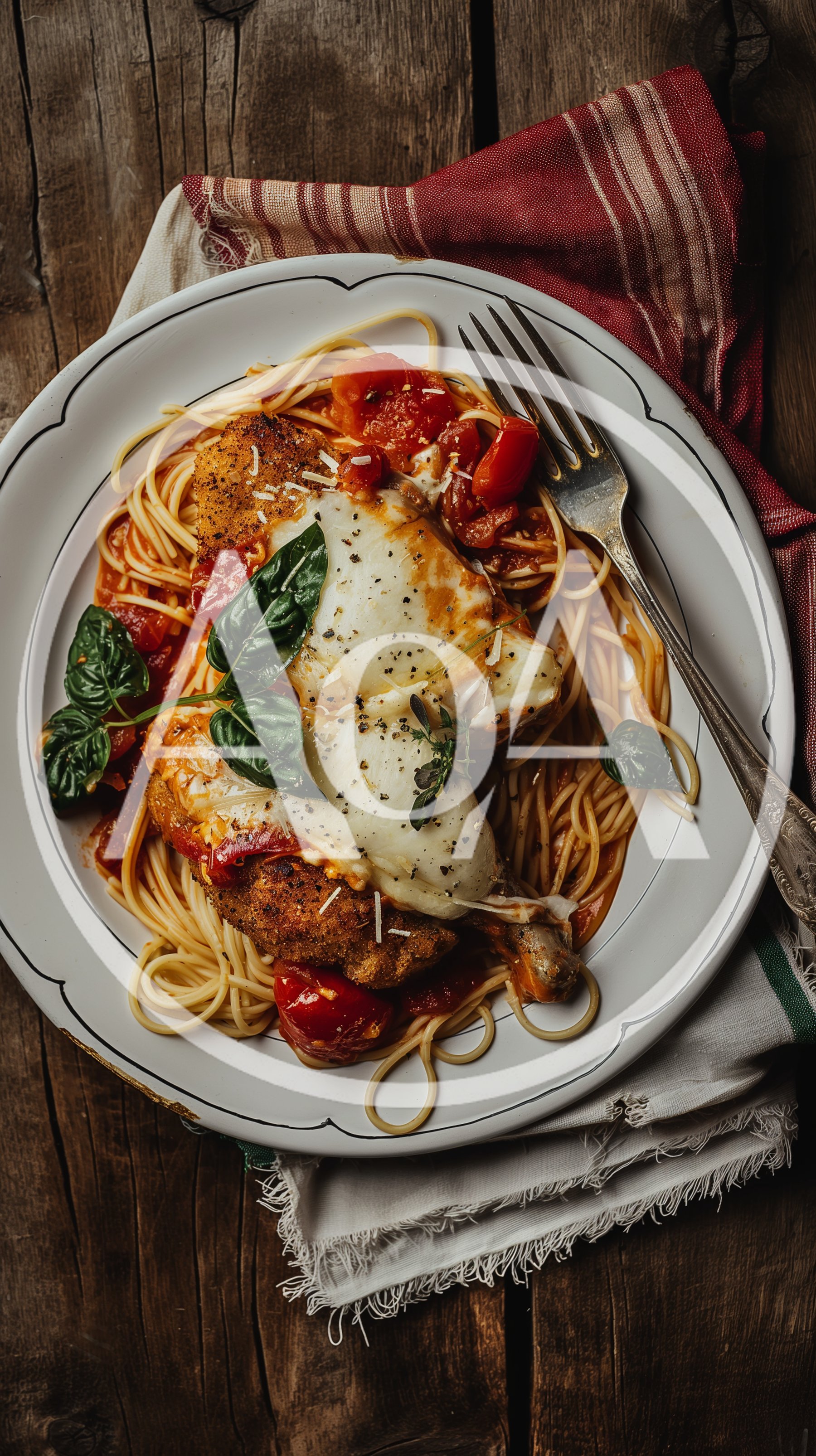Chicken Parmesan With Spaghetti On A Rustic Plate