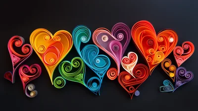 Colorful Paper Quilling Hearts on Black Background