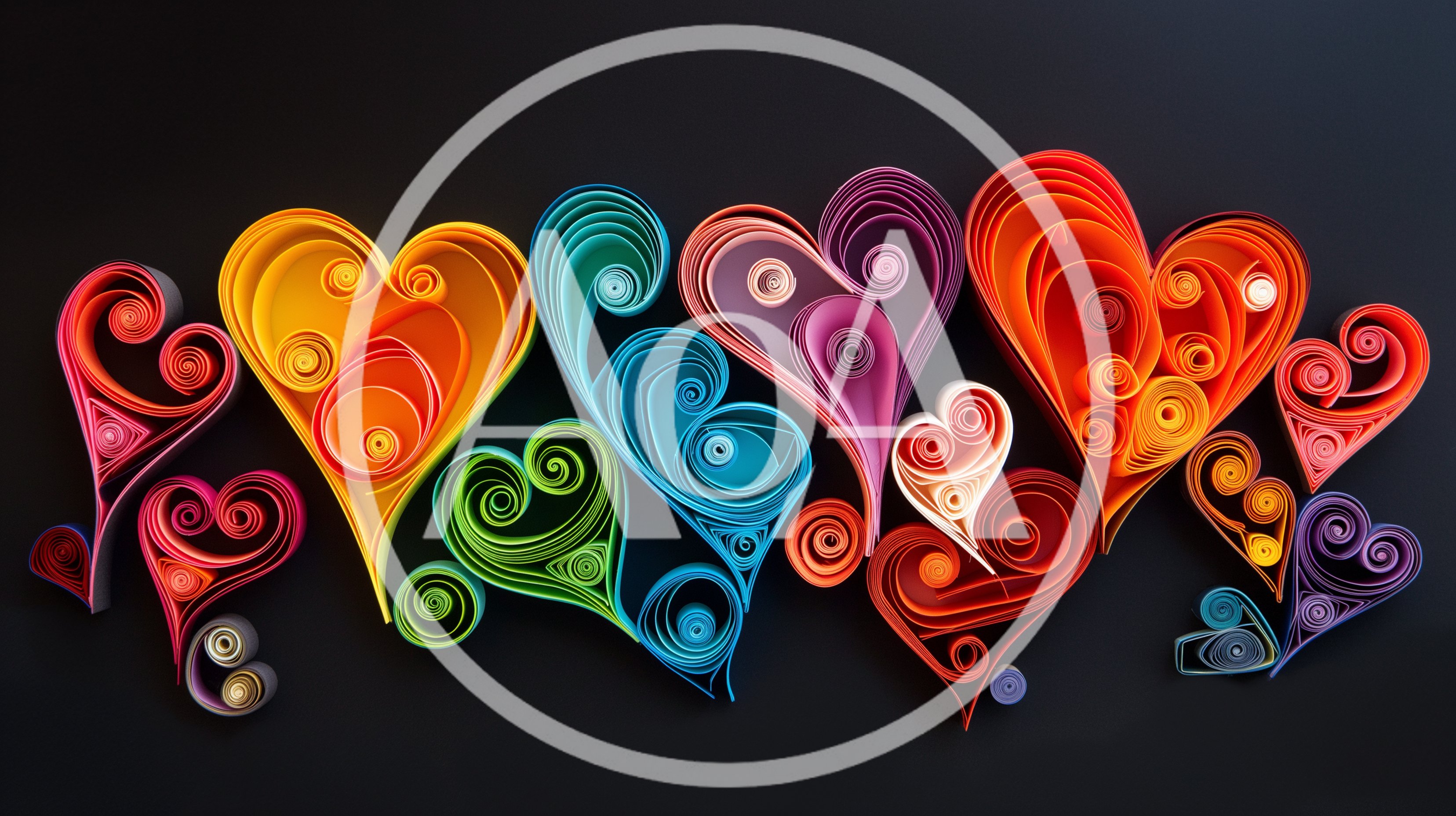 Colorful Paper Quilling Hearts on Black Background