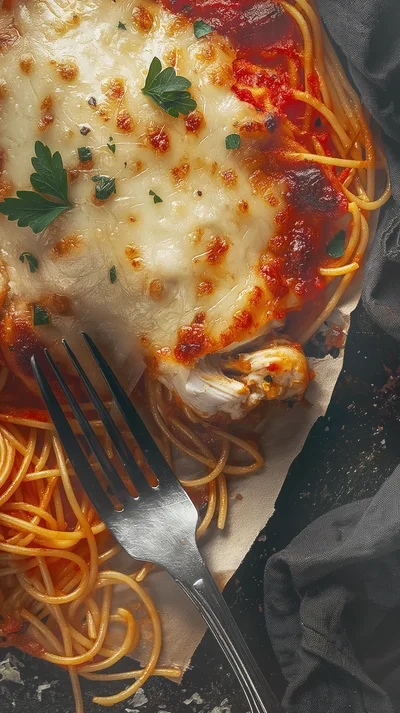 Chicken Parmesan With Spaghetti On Parchment Paper