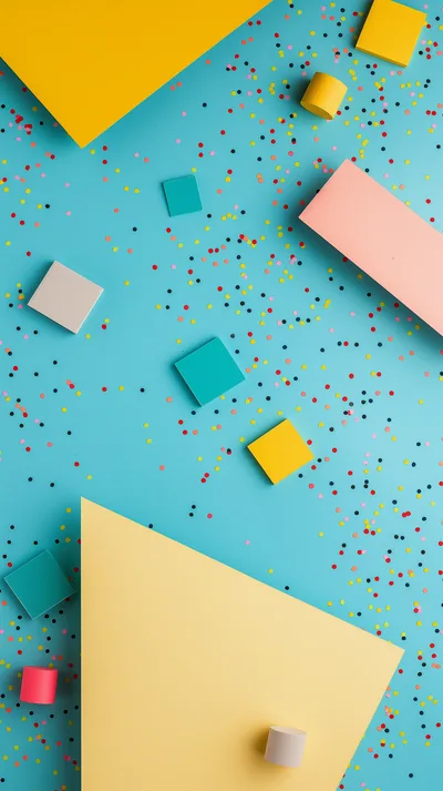 Abstract Geometric Shapes And Confetti On Blue Background