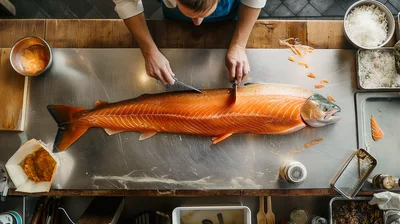 Professional Chef Filleting Fresh Salmon on Stainless Steel Table