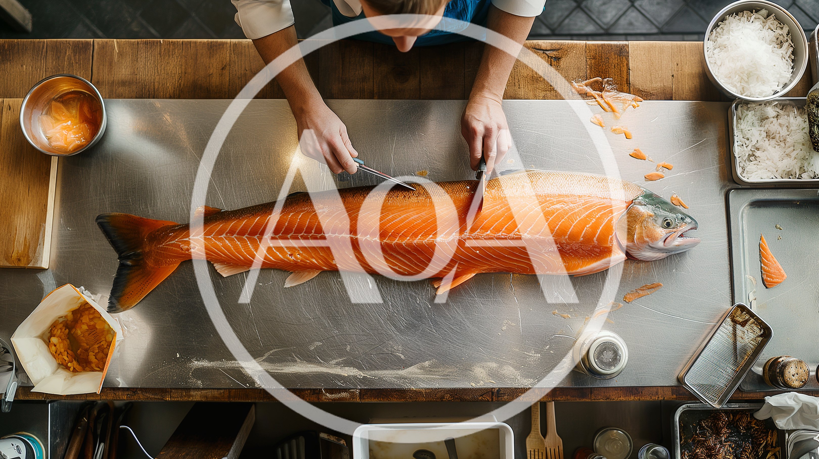 Professional Chef Filleting Fresh Salmon on Stainless Steel Table