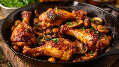Roasted Chicken Drumsticks With Mushrooms In Cast Iron Skillet