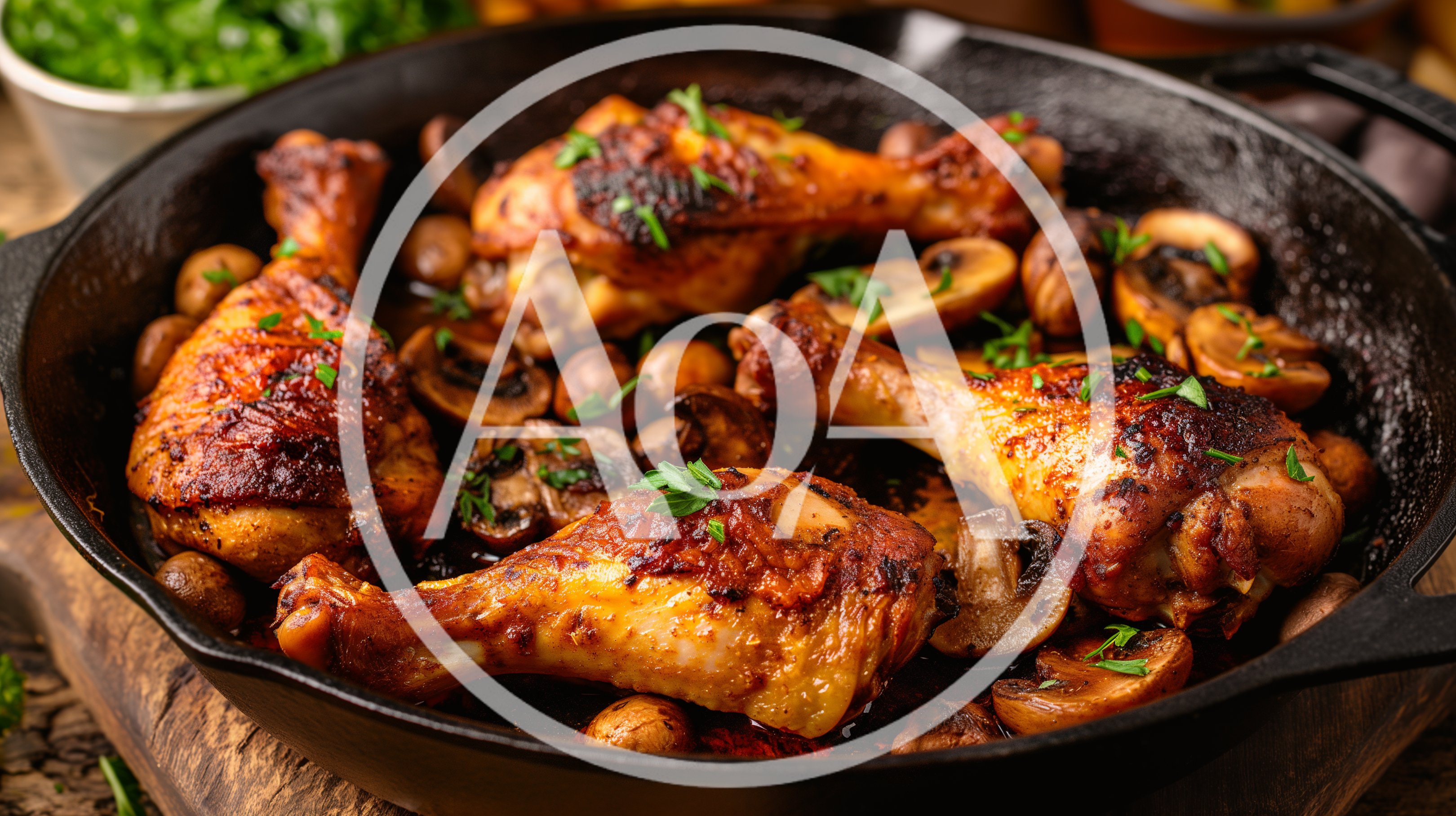 Roasted Chicken Drumsticks With Mushrooms In Cast Iron Skillet