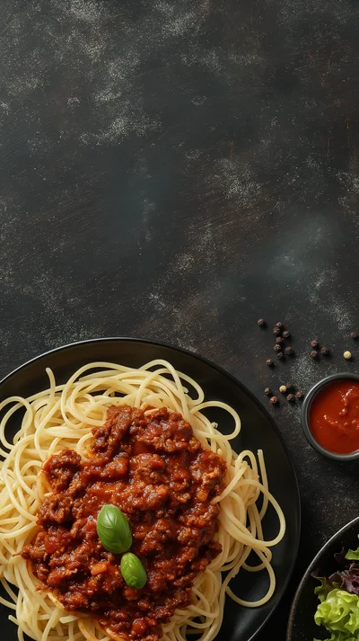 Spaghetti Bolognese Served on a Black Plate