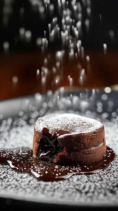 Powdered Sugar Falling On A Molten Chocolate Lava Cake