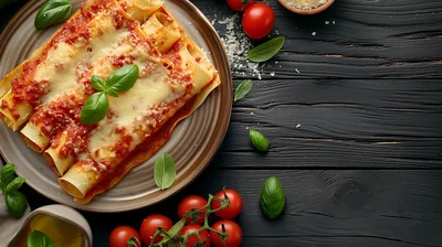 Baked Cannelloni Pasta Dish on Dark Wooden Table