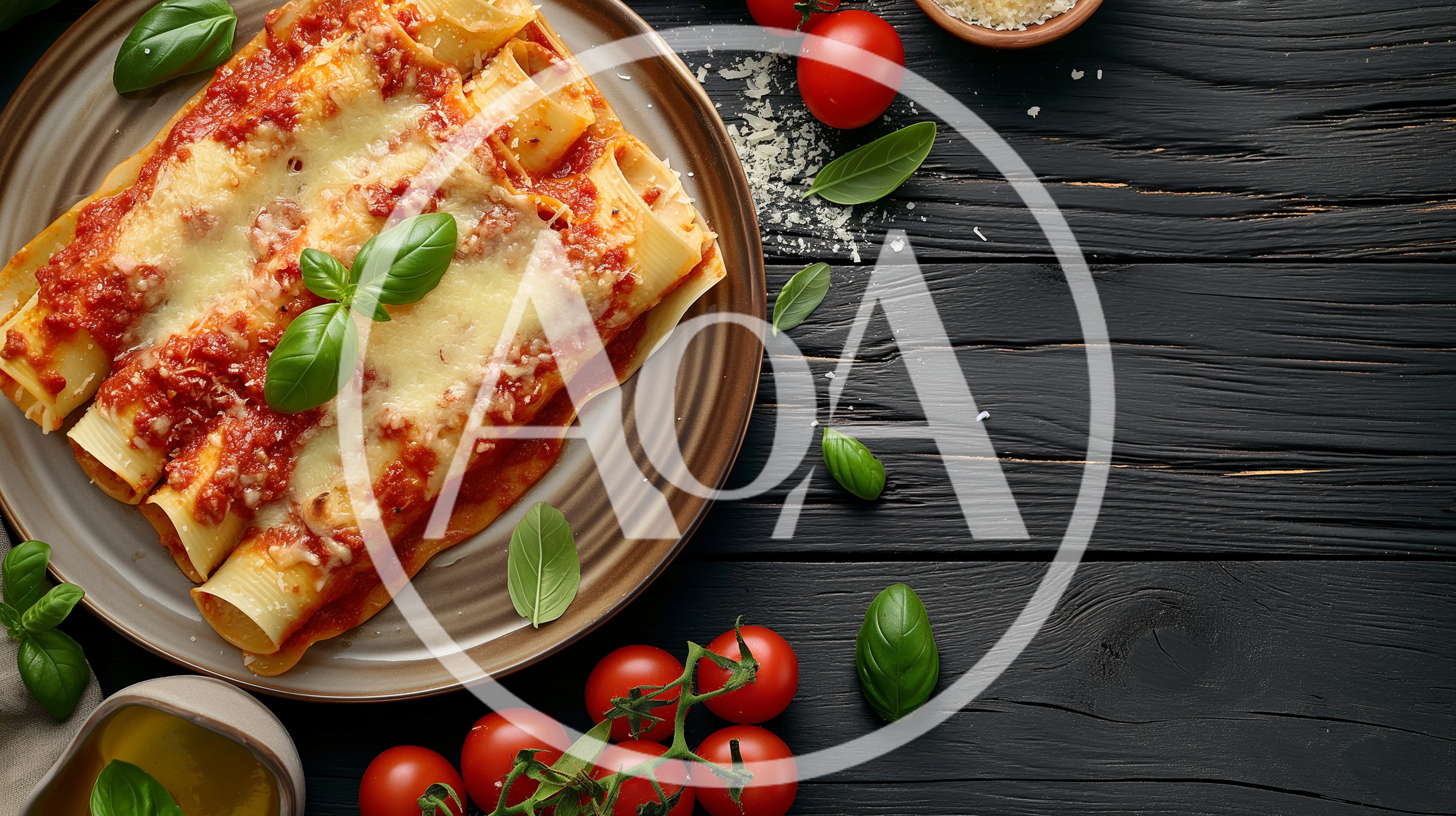 Baked Cannelloni Pasta Dish on Dark Wooden Table