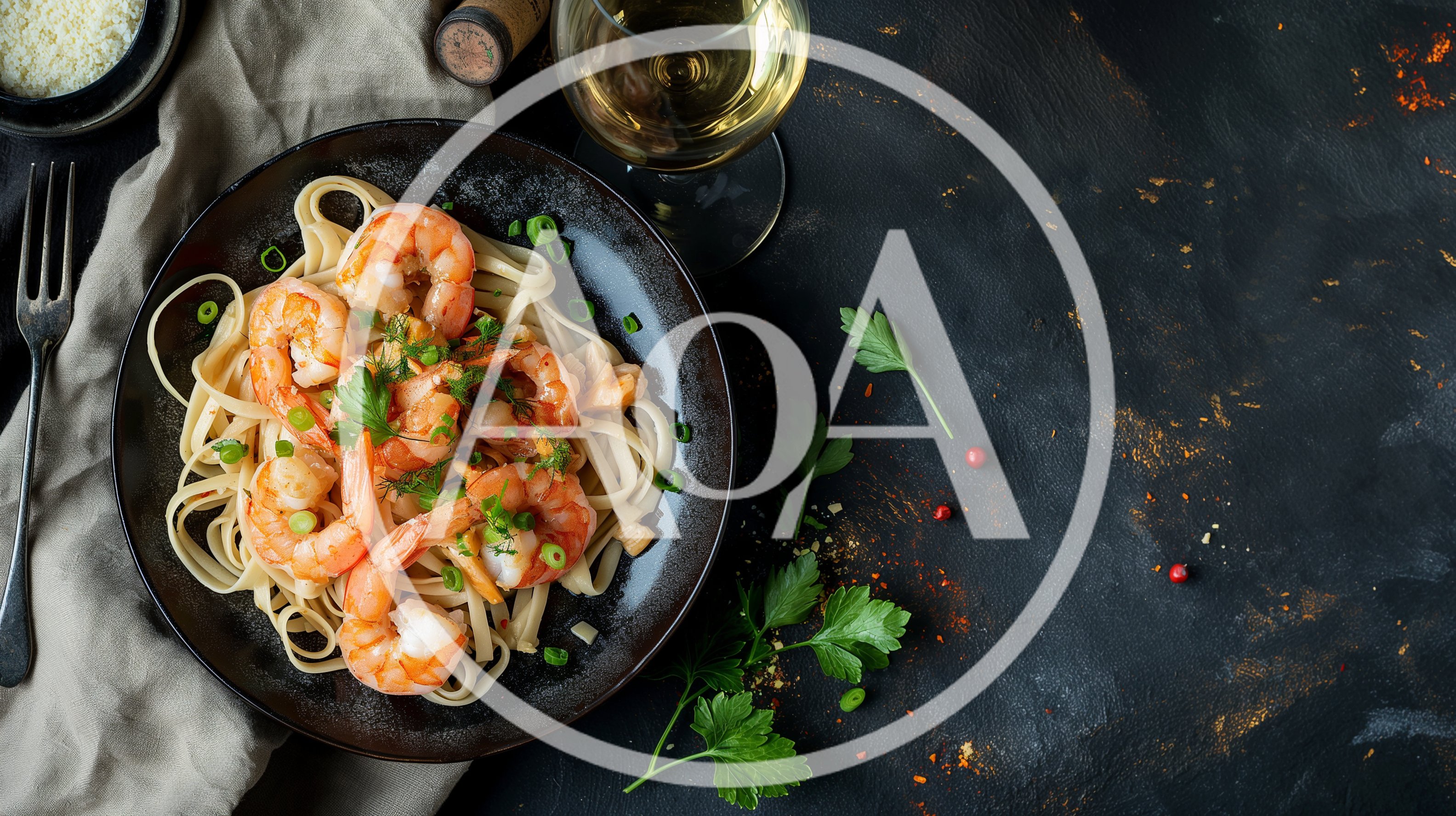 Shrimp Scampi Pasta Dish on Dark Table