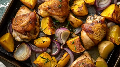 Roasted Chicken Thighs with Potatoes and Red Onions