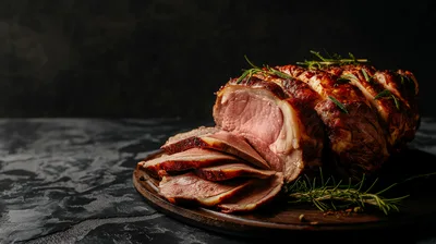 Roasted Pork Loin Sliced on Wooden Board