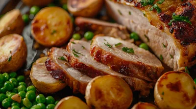 Roasted Pork Loin With Potatoes And Green Peas