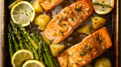 Baked Salmon Fillets With Asparagus And Roasted Potatoes