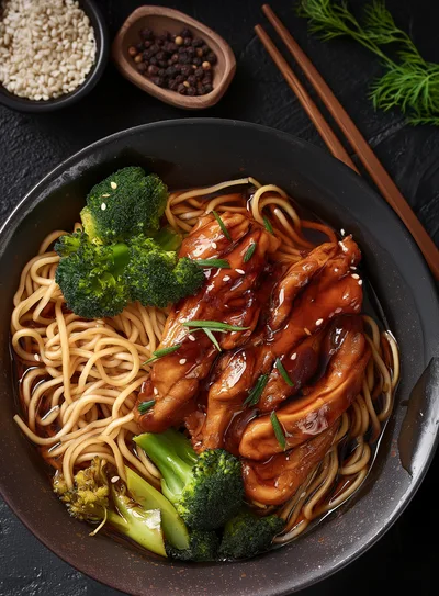Bowl Of Teriyaki Chicken With Noodles And Broccoli