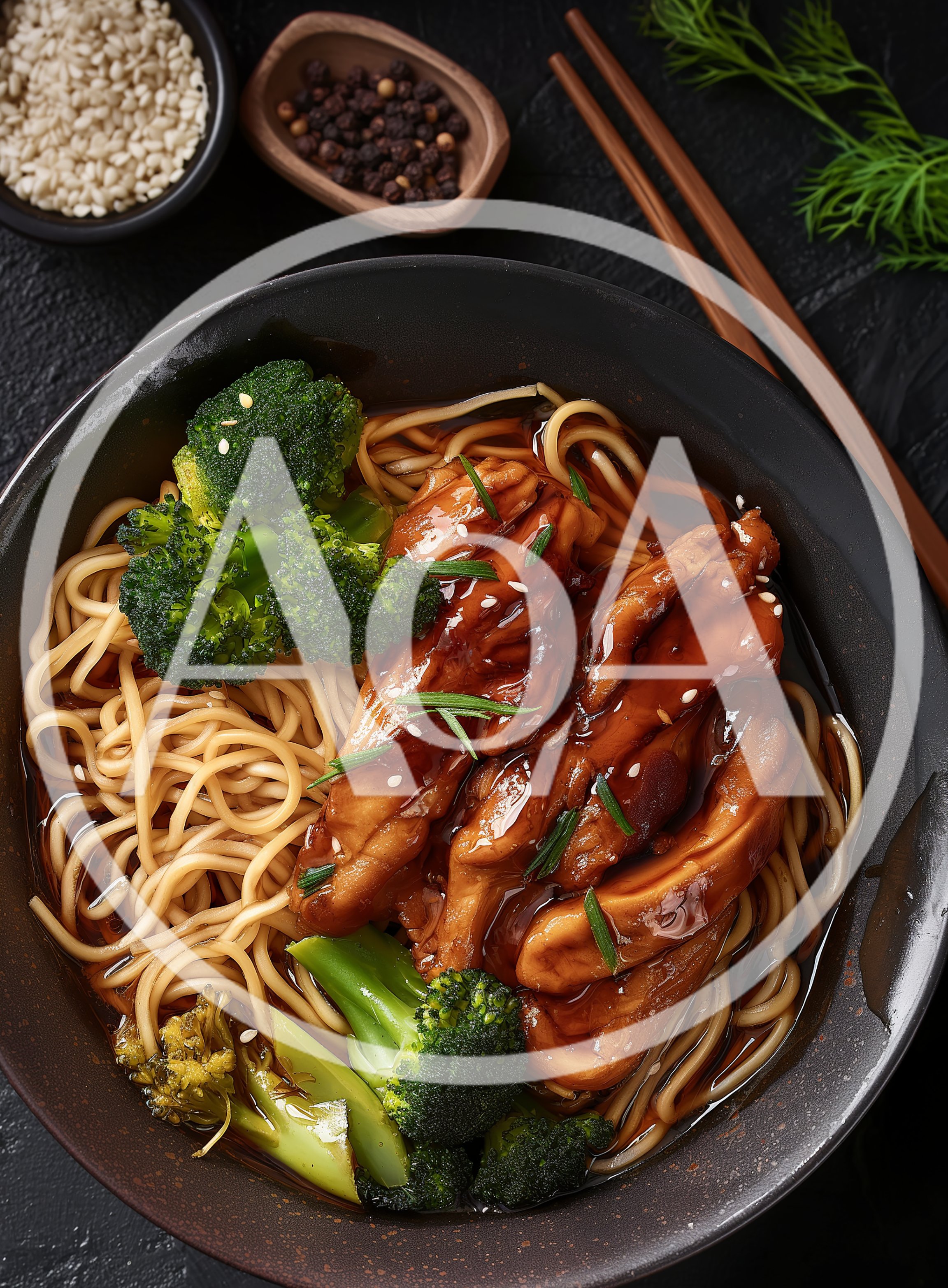 Bowl Of Teriyaki Chicken With Noodles And Broccoli