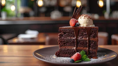 Decadent Chocolate Cake Slice With Ice Cream